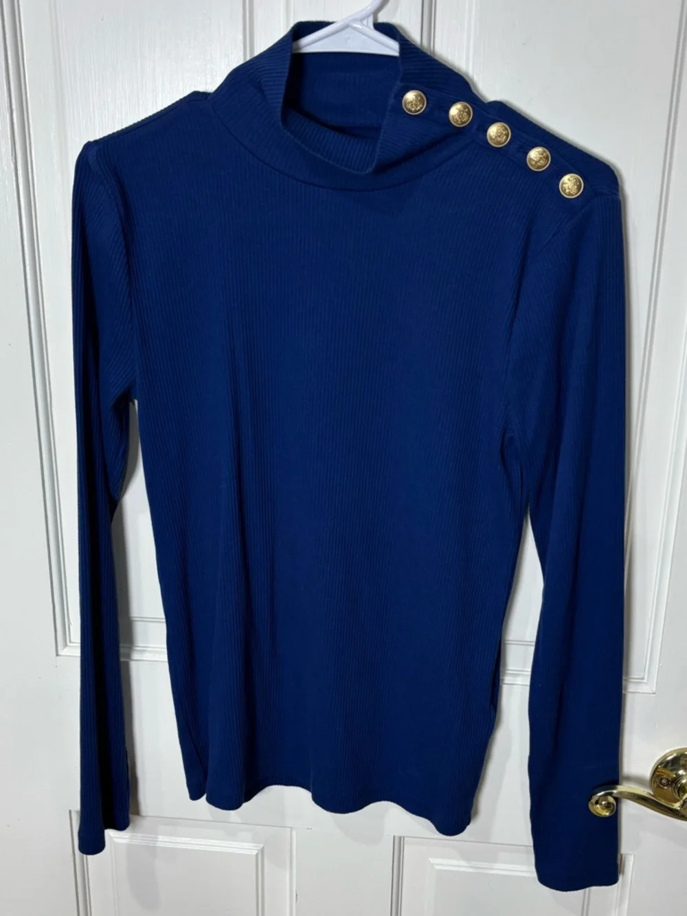 J. Crew Ribbed Turtleneck Top M Royal Blue Gold‎ Button Shoulder Knit Sweater
